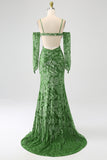 Sirena Off the Shoulder Olive Printed Long Prom Dress con spacco frontale