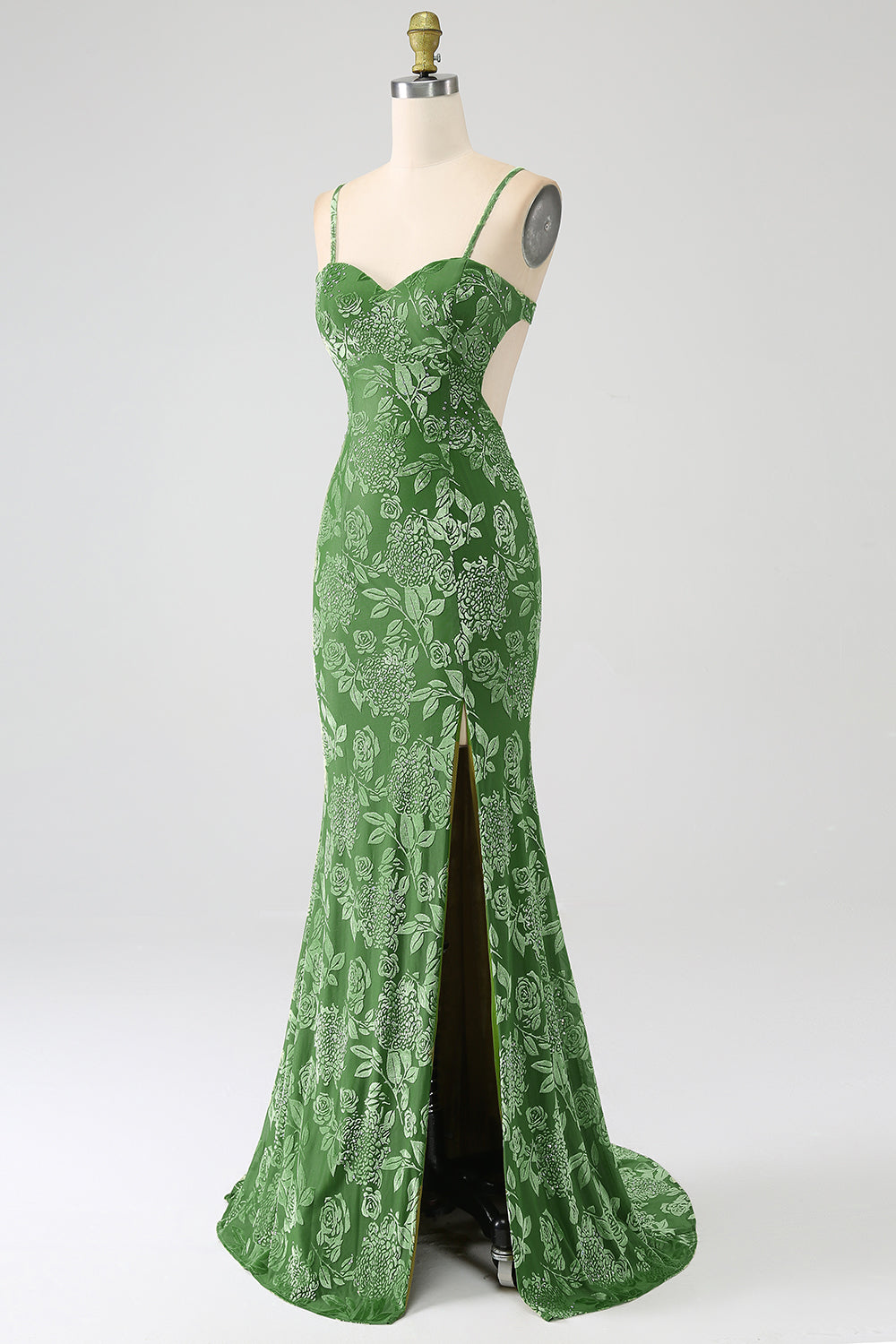 Sirena Off the Shoulder Olive Printed Long Prom Dress con spacco frontale