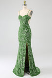 Sirena Off the Shoulder Olive Printed Long Prom Dress con spacco frontale