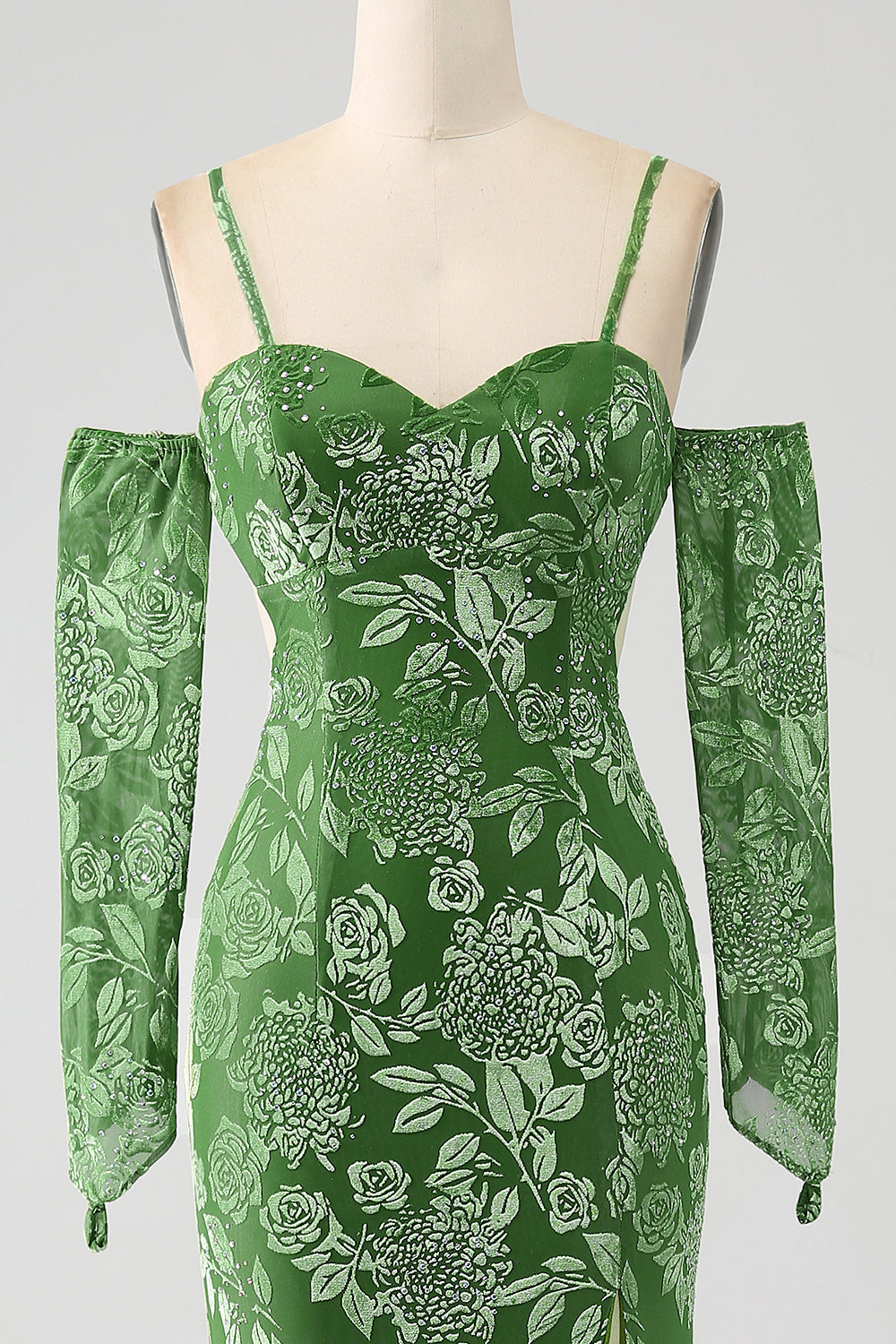 Sirena Off the Shoulder Olive Printed Long Prom Dress con spacco frontale