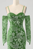 Sirena Off the Shoulder Olive Printed Long Prom Dress con spacco frontale
