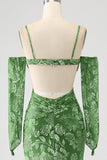 Sirena Off the Shoulder Olive Printed Long Prom Dress con spacco frontale