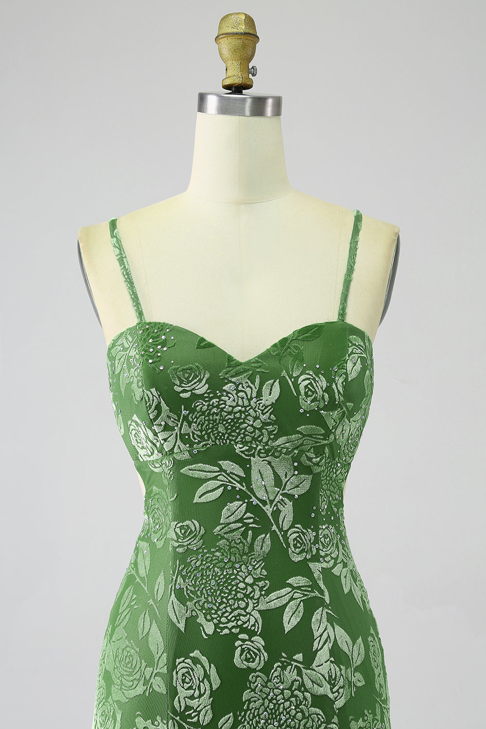 Sirena Off the Shoulder Olive Printed Long Prom Dress con spacco frontale