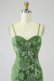 Sirena Off the Shoulder Olive Printed Long Prom Dress con spacco frontale