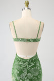 Sirena Off the Shoulder Olive Printed Long Prom Dress con spacco frontale