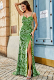 Olive Mermaid Stampa Floreale Spaghetti Straps Abito Lungo Prom Con Fessura