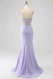 Glitter Lilla Corsetto Sirena Abito Lungo Ballo con Fessura