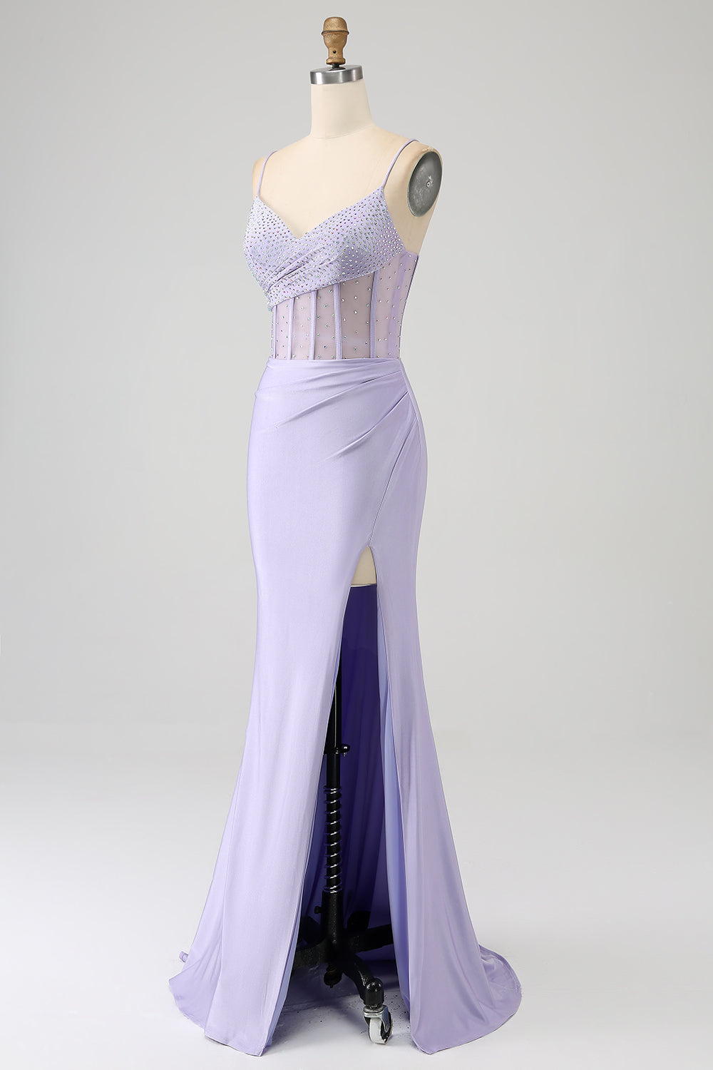 Glitter Lilla Corsetto Sirena Abito Lungo Ballo con Fessura