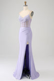 Glitter Lilla Corsetto Sirena Abito Lungo Ballo con Fessura