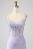 Glitter Lilla Corsetto Sirena Abito Lungo Ballo con Fessura
