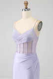 Glitter Lilla Corsetto Sirena Abito Lungo Ballo con Fessura