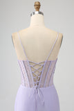 Glitter Lilla Corsetto Sirena Abito Lungo Ballo con Fessura