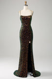 Glitter Nero Spaghetti Straps Paillettes Mermaid Prom Dress con Spacco