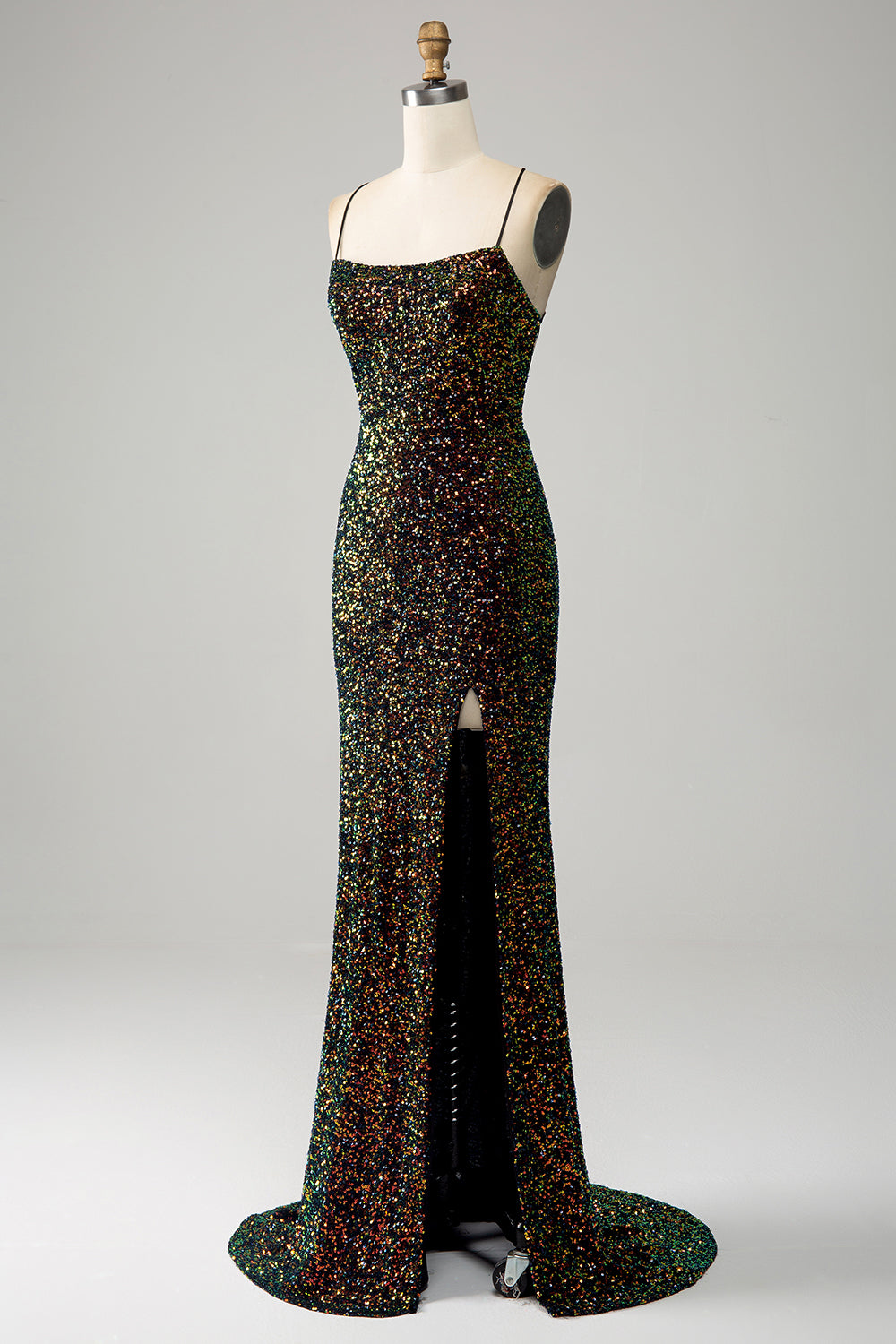 Glitter Nero Spaghetti Straps Paillettes Mermaid Prom Dress con Spacco