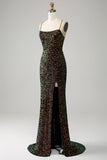 Glitter Nero Spaghetti Straps Paillettes Mermaid Prom Dress con Spacco