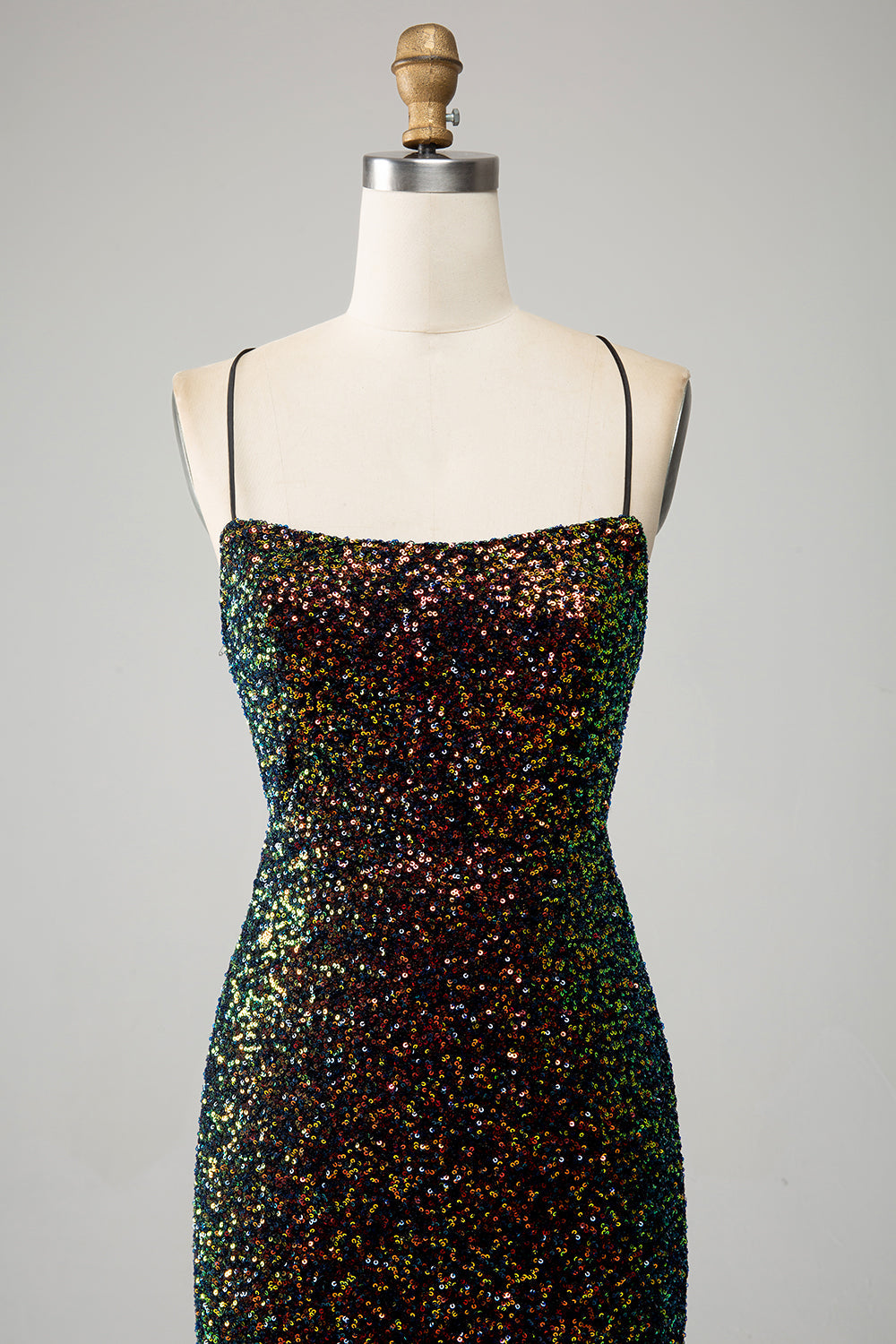 Glitter Nero Spaghetti Straps Paillettes Mermaid Prom Dress con Spacco