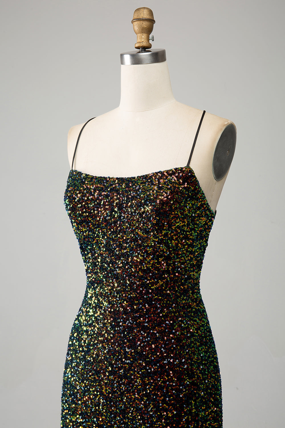 Glitter Nero Spaghetti Straps Paillettes Mermaid Prom Dress con Spacco