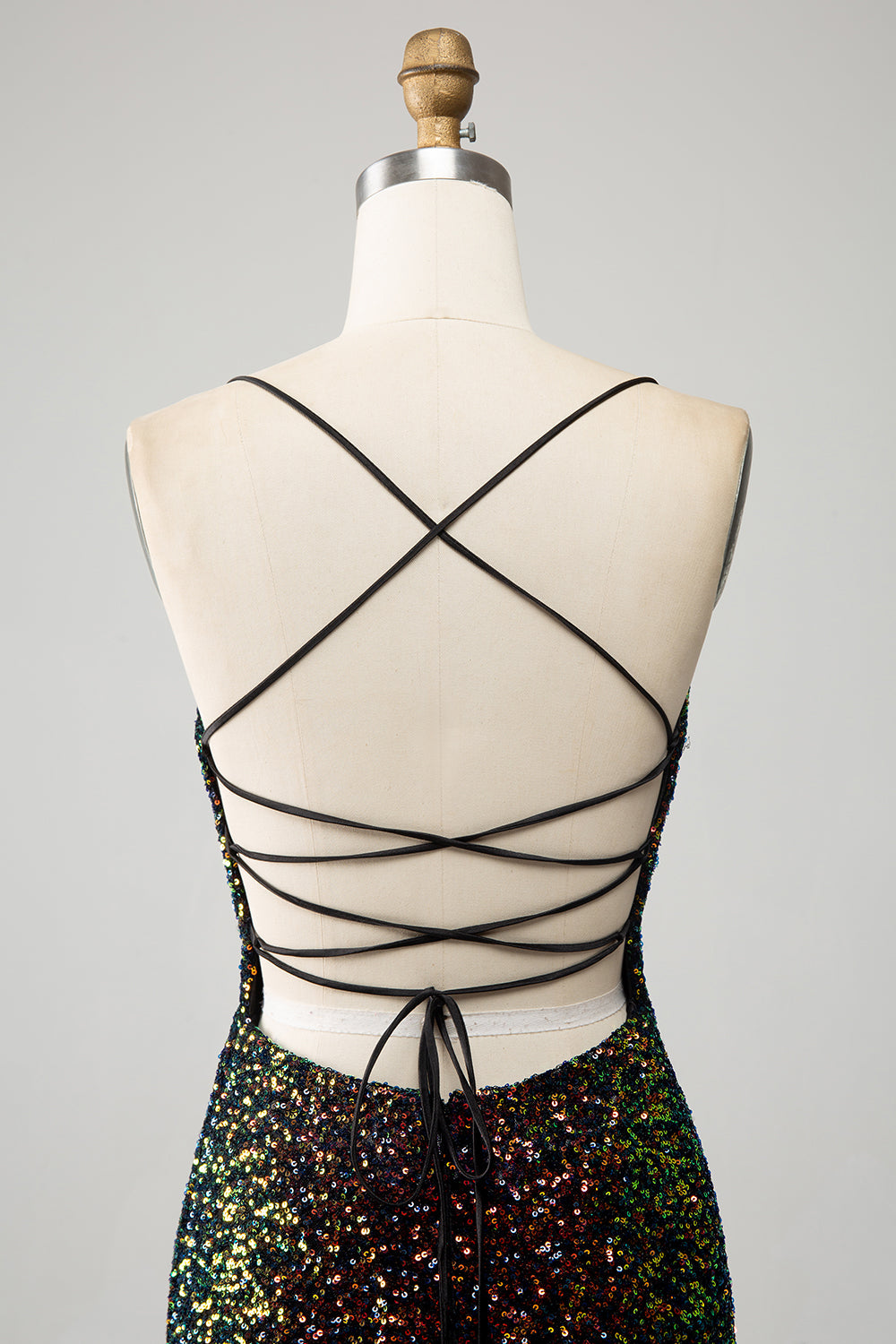 Glitter Nero Spaghetti Straps Paillettes Mermaid Prom Dress con Spacco