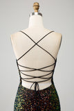 Glitter Nero Spaghetti Straps Paillettes Mermaid Prom Dress con Spacco