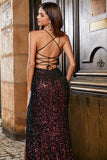 Sparkly nero Spaghetti Straps Paillettes Mermaid Prom Dress con fessura