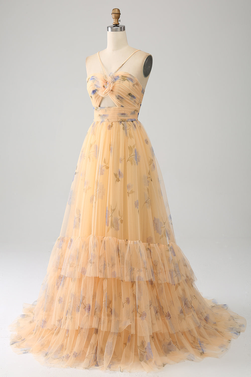 Giallo A-Line Halter plissettato Tulle Tiered Prom Dress con ricamo