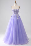 Lavanda A-Line senza spalline Tulle lungo abito da ballo con maniche