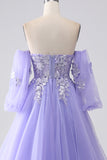 Lavanda A-Line senza spalline Tulle lungo abito da ballo con maniche