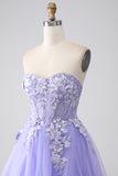 Lavanda A-Line senza spalline Tulle lungo abito da ballo con maniche