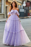 Off The Shoulder Corsetto lilla A-Line Abito lungo da ballo