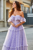 Off The Shoulder Corsetto lilla A-Line Abito lungo da ballo