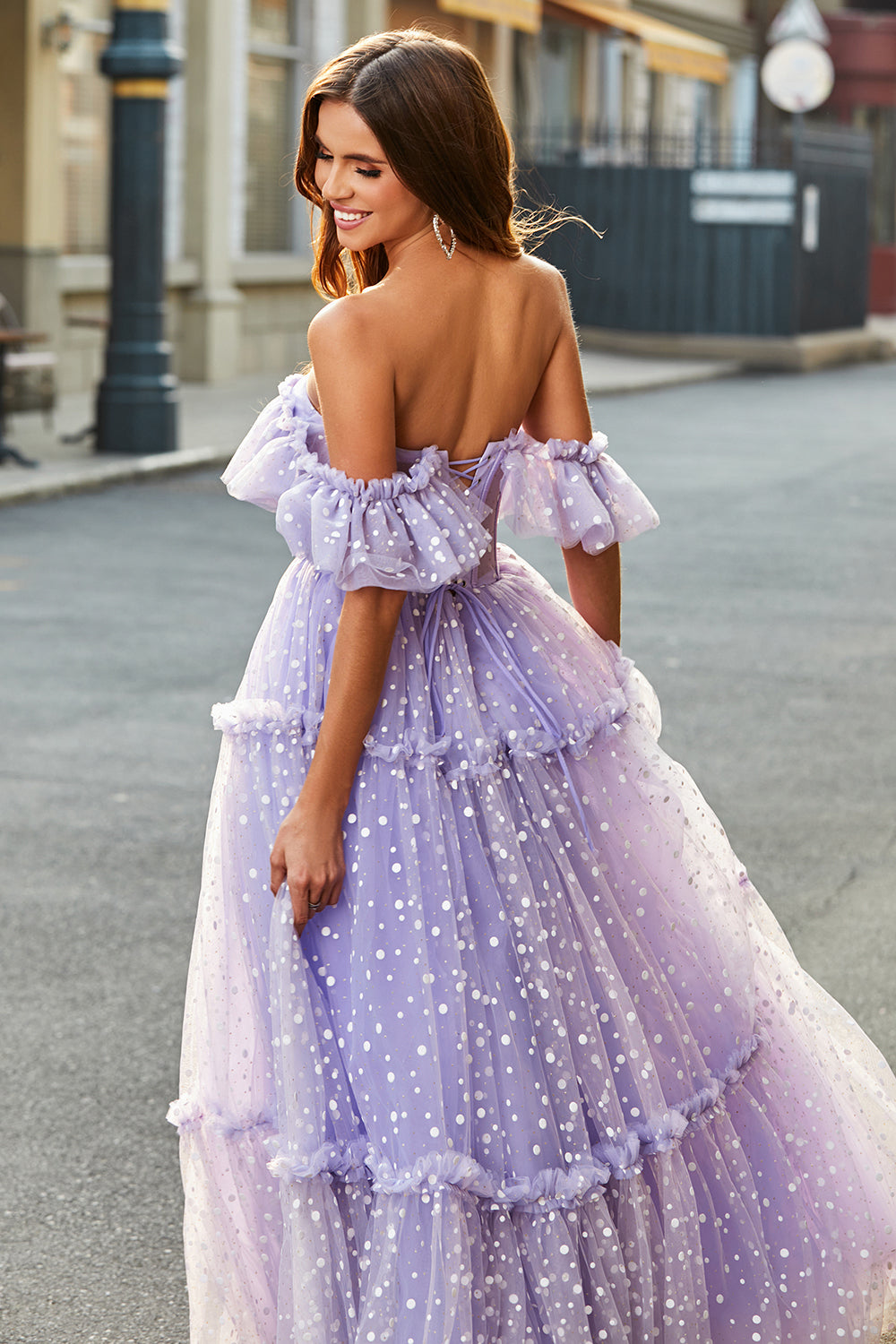 Off The Shoulder Corsetto lilla A-Line Abito lungo da ballo