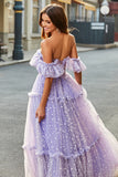 Off The Shoulder Corsetto lilla A-Line Abito lungo da ballo