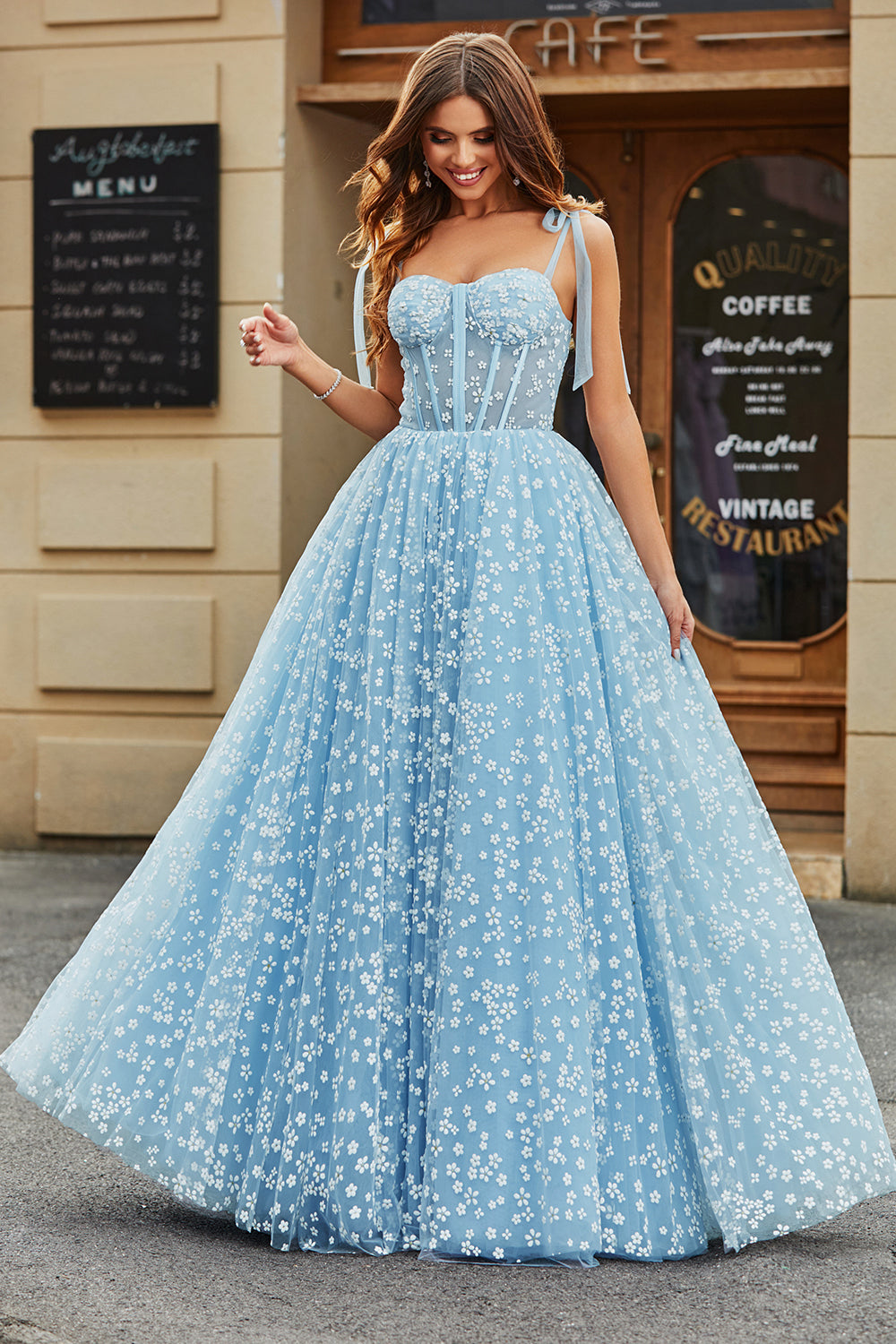Spaghetti Straps Azzurro Cielo A-Line Corsetto Prom Dress con Fiori