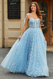 Spaghetti Straps Azzurro Cielo A-Line Corsetto Prom Dress con Fiori