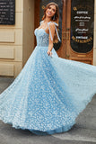 Spaghetti Straps Azzurro Cielo A-Line Corsetto Prom Dress con Fiori