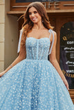 Spaghetti Straps Azzurro Cielo A-Line Corsetto Prom Dress con Fiori