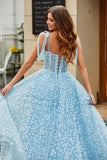 Spaghetti Straps Azzurro Cielo A-Line Corsetto Prom Dress con Fiori
