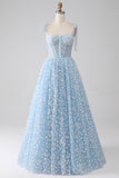 A-Line Spaghetti Straps Azzurro Corsetto Abito Da Ballo