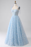 A-Line Spaghetti Straps Azzurro Corsetto Abito Da Ballo