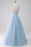 A-Line Spaghetti Straps Azzurro Corsetto Abito Da Ballo