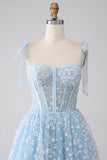 A-Line Spaghetti Straps Azzurro Corsetto Abito Da Ballo