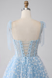 A-Line Spaghetti Straps Azzurro Corsetto Abito Da Ballo
