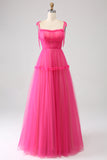 Abito da ballo lungo in tulle fucsia A-Line con volant