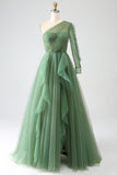 Verde scuro A-Line One-Shoulder abiti lunghi da ballo con maniche lunghe