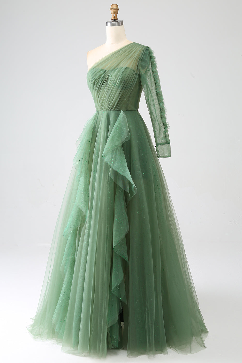 Verde scuro A-Line One-Shoulder abiti lunghi da ballo con maniche lunghe