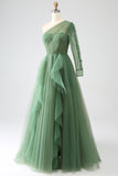 Verde scuro A-Line One-Shoulder abiti lunghi da ballo con maniche lunghe