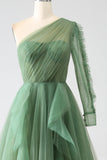 Verde scuro A-Line One-Shoulder abiti lunghi da ballo con maniche lunghe