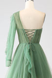 Verde scuro A-Line One-Shoulder abiti lunghi da ballo con maniche lunghe