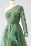 Verde scuro A-Line One-Shoulder abiti lunghi da ballo con maniche lunghe