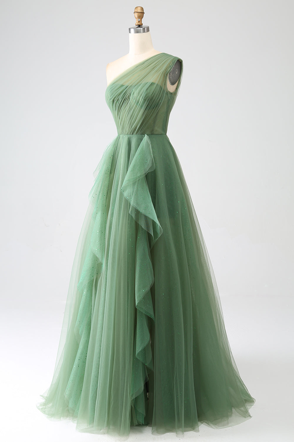 Verde scuro Tulle A-Line Monospalla Abiti Lunghi Prom